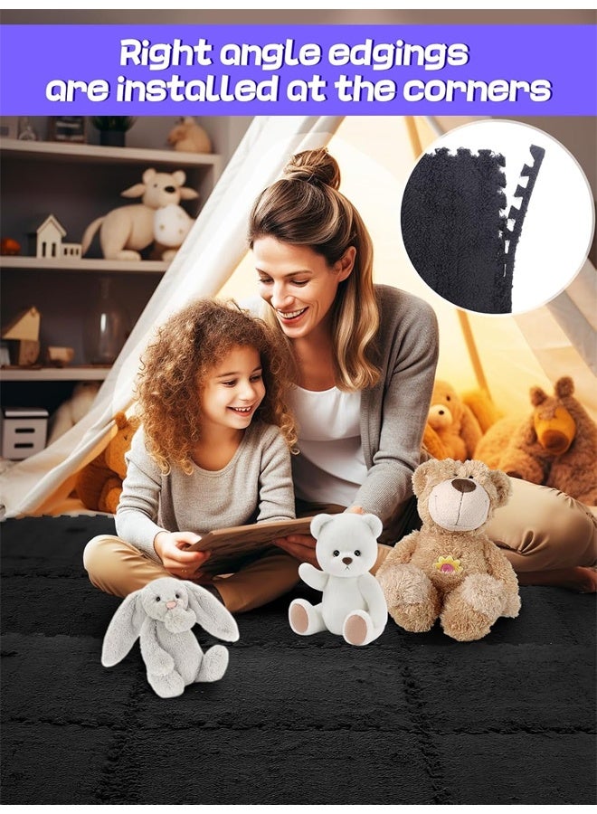 6 Pcs Plush Foam Floor Mat Square Interlocking Carpet Tiles with Border Fluffy Play Mat Floor Tiles Fluffy Area Rugs Square Soft Climbing Area Rugs DIY Floor Crawling Mat Tiles for Home Playroom Decor (Black) - Image 4